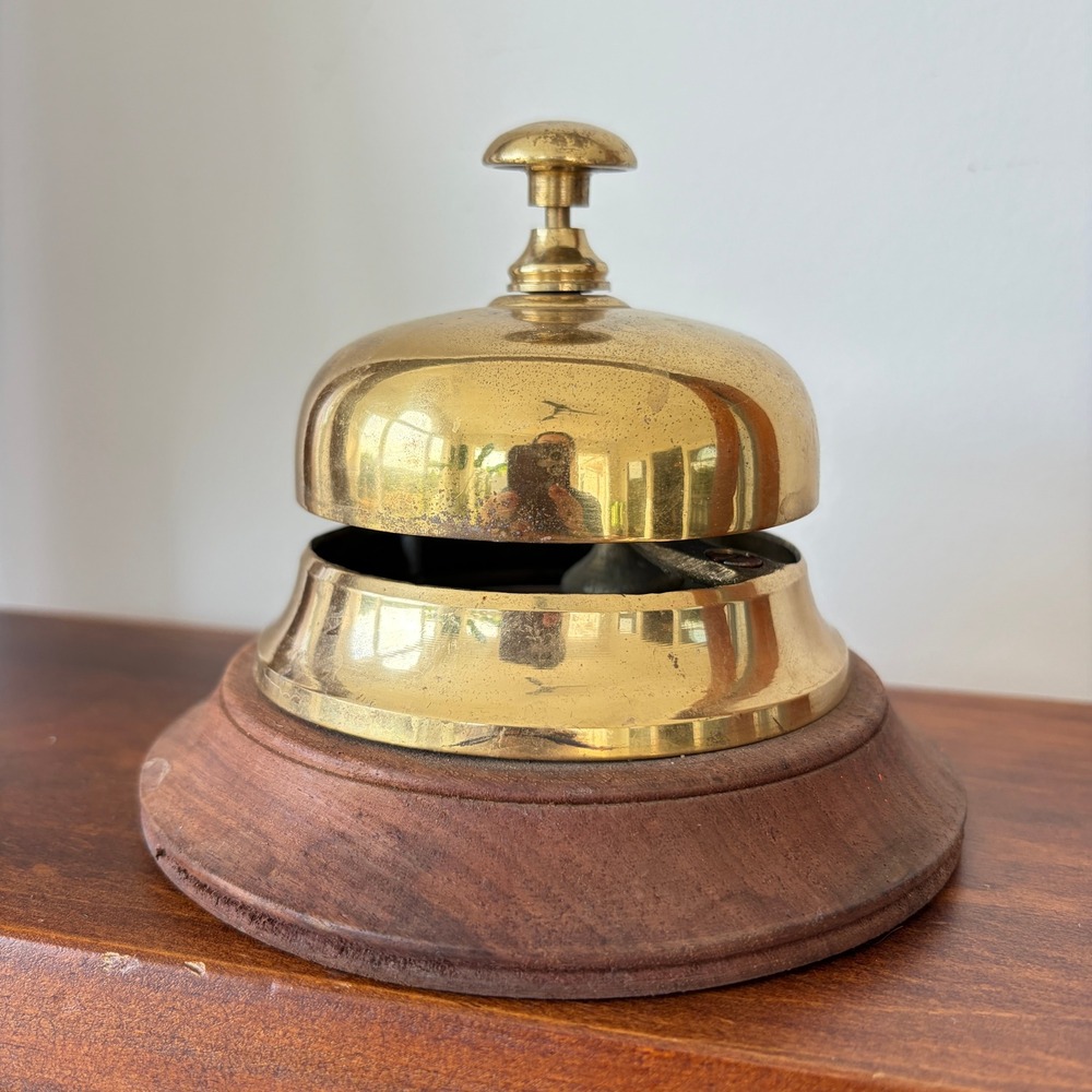 Vintage Brass Desk Bell Wood Base Service Hotel Reception Counter Ringing Bell